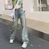 Jeans Nostálgicos Estilo Americano para Mujer Diseño Otoño e Invierno Sentido del Diseño Estampados Cintura Alta Pierna Ancha Rectos Sueltos Pantalones Mopa