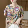 Nuevo top de satén estilo chino con fénix y peonías dorados para mujer, de verano, holgado, con mangas de murciélago, cuello redondo, blusa estampada de seda sintética