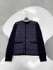 En Stock Rayas Horizontales Gama Alta Azul Marino Elegante Resistente al Viento Cuello Redondo Tejido Patchwork Chaqueta Ligera de Plumas para Mujeres Petites