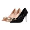 121-21 Zapatos de tacón alto de moda coreana para banquetes, de boca baja, puntiagudos, retro, con hebilla de metal, sexis y delgados, para mujer