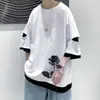 Camiseta Falsa de Dos Piezas Rota para Hombre Verano Tendencia Marca Manga Corta Holgada Versátil ins Estilo Hong Kong Camiseta Interior de Manga Corta