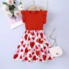 Nuevo Vestido de Niña de Comercio Exterior, Vestido de Punto para Niños con Mangas Cortas Volantes, Estampado de Corazones, Cuello Redondo, Vestido Casual
