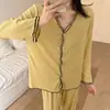 Pijama de rayón para mujer para primavera y otoño, cárdigan casual simple de manga larga con pantalones largos, corte holgado, se puede usar para salir, conjunto para estar en casa