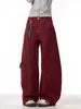 Jeans Vermelho Novo Ano Primavera 2025 Transfronteiriço para Mulheres, Tendência Nacional, Design de Cimitarra Desconstruído, Calças Largas Compridas