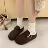 Pantuflas tipo Mula con Hebilla Retro y Suela Gruesa para Mujer 2026 Otoño Invierno Uso Exterior Aumenta la Altura Felpa Adicional Cálidas Punta Cerrada Zapatillas de Algodón