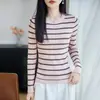 Suéter de malha listrado 100% algodão transfronteiriço para mulheres, caimento justo, canelado, color block, blusa básica clássica, suéter de manga longa