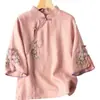 Camisa Retro de Algodón y Lino Estilo Chino para Mujer, Primavera y Verano, Cuello Alto Estilo Chino, Top Abotonado, Tapeta Diagonal, Vestido de Té Bordado