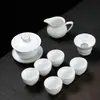 Conjunto de chá de porcelana branca Dehua, design simples para uso doméstico, incluindo uma tigela com tampa, xícaras de chá, uma única tigela de chá de cerâmica, uma jarra de justiça e um coador de chá