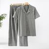 Conjunto de Pijama de Algodón Delgado de Verano para Pareja, Manga Corta Pantalón Largo, Algodón Lavado Estilo Japonés Cuadros Cardigan Cuello Solapa Ropa de Casa