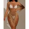 Colección nueva de verano transfronteriza: chal de malla con flecos, cuello redondo, color liso, salida de playa de punto sexy calada para protección solar