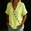 Camisa de Algodón y Lino de Manga Corta, Holgada, Casual, de Botones, Color Sólido, Estilo Europeo y Americano, Cuello en V, para Mujer, Novedad Verano 2026
