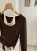Camiseta de Manga Larga con Cuello Halter Ajustada para Mujer KEKEZOON Otoño Moda Diseño de Bloques de Color 9034