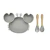 Juego de Alimentación de Silicona para Bebé de 4 Piezas, Plato con Ventosa de Cangrejo, Babero, Cuchara y Tenedor de Madera, Autoalimentación para Niños Pequeños
