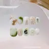Manicura Portátil Hecha a Mano Verde Blanqueadora Diamantes Difuminados Manicura Portátil de Gama Alta Parche de Uña Terminado Estilo Corto Primavera y Verano