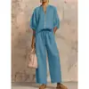2026 Verano Nuevo Moda Casual Cruzada Europea y Americana para Mujer Holgado Color Sólido Cremallera Cuello Redondo Pantalones de Pierna Ancha Conjunto para Mujer