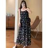 Saia de Suspensório com Estampa de Borboleta Fundo Preto Atmosfera Francesa Vestido de Meio Comprimento Sem Mangas para Mulheres 25 Verão H0731D