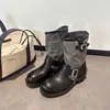 Botas de moda patchwork de tacón grueso de cuero sintético hasta la mitad de la pantorrilla, botas de montar apiladas, botas retro de lona de moda para mujer, versátiles con hebilla metálica