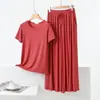 Pijama de modal para mulheres, verão fino elástico manga curta calça comprida, conjunto casual meia-manga calça pantalona para casa, pode ser usado fora