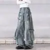 Jeans de Sarja para Trabalho Ripped Baggy Solto Multi-bolsos Perna Reta Vintage Americano Novo Verão para Homens e Mulheres