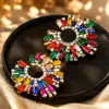 Brincos de Girassol Europeus e Americanos Transfronteiriços de Liga de Metal Incrustados com Strass Coloridos para Mulheres, Brincos de Jantar da Moda Super Brilhantes Tendência