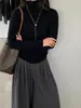 Suéter de Tricô Gola Alta Texturizado de Alta Qualidade Estilo Coreano Jiangzuo para Mulheres, Top Fino Estampado de Alta Elasticidade F529