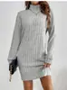 Vestido de punto de manga larga liso de cuello alto, moda casual para mujer, nuevo de otoño e invierno, sitio web independiente transfronterizo europeo y americano 2024