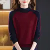Suéter Color Block para Mulheres no Outono e Inverno Novo Estilo Gola Alta Meia Suéter de Tricô para Base Mães, Visual Solto e Emagrecedor Suéter de Cor Contrastante