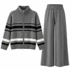 Ropa Femenina Europea y Americana Temperamento Elegante Bloque de Color Rayado Conjunto de Dos Piezas Mujer Otoño Hilo Cardado Top de Cuello Alto Pequeño Traje de Pantalones de Pierna Ancha