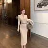 Elegante vestido de punto ajustado para mujer, estilo francés de invierno, chic y sofisticado, vestido suéter de manga larga, vestido largo de corte ceñido