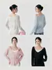 Top deportivo para mujer de corte holgado con cuello en V, camisa de fitness casual de manga larga de doble uso, cubierta de yoga ligera y transpirable