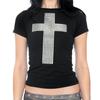 Europeu e Americano 2025 Verão Novo Estilo Gótico Cruz Hot Diamante Estampado Gola Redonda Camiseta Slim Curta