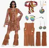 Roupa Hippie Retrô Europeia e Americana com Estampa de Símbolo da Paz e Top com Franjas, Fantasia para Cosplay de Halloween e Performance de Palco