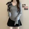 Gris Irregular Lazo Hombros Descubiertos Estilo Perezoso Nicho Ajustado Manga Larga Camiseta Básica Superior Tendencia