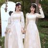 (Liberação) Vestido de Madrinha Cor Champagne, Vestido Curto de Nicho para Grupo de Irmãs no Casamento, Vestido de Madrinha de Manga Comprida
