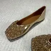 Elegantes Sapatos Femininos Planos Estilo Francês para Primavera/Verão 2026, Bico Quadrado, com Strass, Sapatilhas de Solado Macio, Aumentam a Altura, Tamanho Grande, Prata