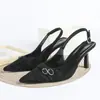 Sandalias de Tacón de Aguja Abiertas por Detrás con Hebilla de Gamuza Negra de Nuevo Estilo Transfronterizo para Comercio Exterior Europeo y Americano y Zapatos de Tacón