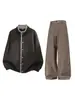 Conjunto Retrô Han Lu Cleanfit Cardigã Xadrez Old Money com Capuz e Calça Casual de Linho Sintético Estruturada com Fenda
