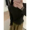 Suéter versátil de cuello redondo estilo coreano con inserciones de malla, manga larga para mujer, capa interior blanca, top ajustado para mujer