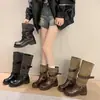 Botas de Cavaleiro Empilhadas Retrô Femininas 2026 Nova Chegada de Outono Cano de Altura Dupla Fivela de Cinto Salto Grosso Botas Longas Couro de Microfibra Bico Redondo