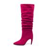Bota de Cano Alto até o Joelho de Salto Alto Bico Fino para Exportação Transfronteiriça Europeia e Americana Tamanho Grande Plissada com Drapeados Mangas Look Emagrecedor para Panturrilha Bota de Cano Médio para Mulheres