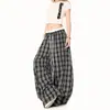 Pantalones Casuales de Estilo Retro Americano con Doble Cintura y Estampado a Cuadros para Mujer, Novedad Otoño 2025, Pantalones Sueltos de Pierna Ancha hasta el Suelo para Mujer