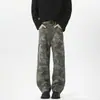 Calças Casuais Jeans Camuflado Estampadas Tie-Dye Calças Cargo Retas Calças Retrô Americanas Calças Versáteis para Primavera e Outono