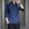 Camiseta Masculina Manga Curta Algodão e Linho Estilo Chinês 2025 Casual Japonês Retro Tamanho Grande Cor Sólida Linho Camiseta Masculina