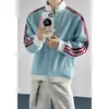 Nova Jaqueta Masculina Grande Tamanho para Primavera/Outono com Três Listras, Gola Alta, Zíper Color-Block, Corte Solto, Mangas Raglan, Jaqueta Casual