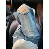 Jeans de alta rua rasgados estilo americano para mulheres, novo plus size de corte solto, emagrecedor, versátil, calça de perna reta, comprimento total, perna larga