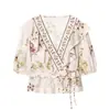 2026 Primavera Moda Feminina Europeia e Americana Transfronteiriça Manga Curta Mistura de Linho Barra Estilo Saia Blusa Camisa Floral Decote V Gravata