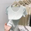 Borde Hongo Puro Querer Bm Delgado Manga Corta Cuello en U Puntada de Encaje Base Corta Top Moda Verano Mujer Camiseta