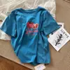 Recomendado por Blogger: Camiseta de Manga Corta para Mujer con Estética Americana Estilo Vintage, Textura Desgastada, Coordinación de Colores, Cuello Redondo, Amigable con la Piel