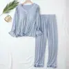 Venda Direta da Fábrica conjunto de 2 peças para mulheres, gola V, manga longa, calça com bojo, fino, solto, roupa de casa, pijama de cor sólida para mulheres