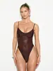 Body de malha transparente de cor sólida com retalhos para o verão, modelador, roupa íntima sexy, peça única
